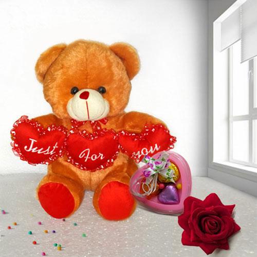Fluffy Brown Teddy, Heart Chocolate N Red Rose for V-Day Fluffy Brown Teddy, Heart Chocolate N Red Rose for V-Day