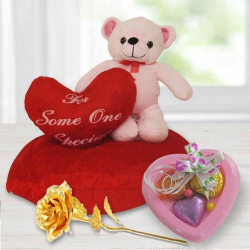 Eye-Catching Eric on Heart Love Teddy with a Golden Rose and 3 Pcs Heart Shape Chocolates Eye-Catching Eric on Heart Love Teddy with a Golden Rose and 3 Pcs Heart Shape Chocolates