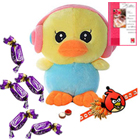 Crazy Duck with Earphone with Angry Bird Rakhi and Chocolates Roli Tilak Chawal Crazy Duck with Earphone with Angry Bird Rakhi and Chocolates Roli Tilak Chawal