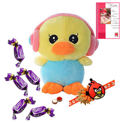 Crazy Duck with Earphone with Angry Bird Rakhi and Chocolates Roli Tilak Chawal Crazy Duck with Earphone with Angry Bird Rakhi and Chocolates Roli Tilak Chawal