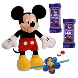 Adorable Disney Mickey Mouse Soft Toy and Chocolates with Kids Rakhi and Roli Tilak Chawal Adorable Disney Mickey Mouse Soft Toy and Chocolates with Kids Rakhi and Roli Tilak Chawal