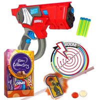 Mattels Cheerful Agility Dart Gun and Kids Rakhi, Cadbury Celebration Mini with Free Roli Tilak and Chawal Mattels Cheerful Agility Dart Gun and Kids Rakhi, Cadbury Celebration Mini with Free Roli Tilak and Chawal