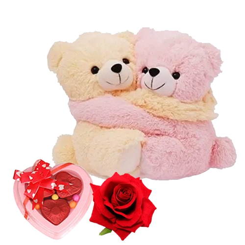 Cute Hugging Couple Teddy with 1 Velvet Rose and 3 pcs Heart Homemade Chocolate Cute Hugging Couple Teddy with 1 Velvet Rose and 3 pcs Heart Homemade Chocolate