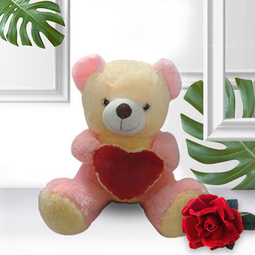 Love Teddy With Heart (16 inches) with a Velvet Red Rose Love Teddy With Heart (16 inches) with a Velvet Red Rose