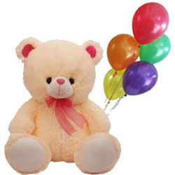 Soft Cuddly Love Teddy Bear with Brightly Coloured Balloons Soft Cuddly Love Teddy Bear with Brightly Coloured Balloons