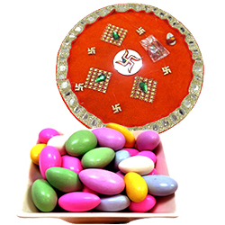 Outstanding Combo Gift of One Golden Thali and Sugar Coated Almonds Outstanding Combo Gift of One Golden Thali and Sugar Coated Almonds