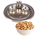 Admirable Diwali Special Gift of One Silver Puja Thali with Spicy Cashew Nuts Admirable Diwali Special Gift of One Silver Puja Thali with Spicy Cashew Nuts