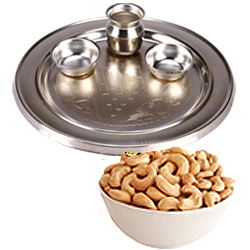 Admirable Diwali Special Gift of One Silver Puja Thali with Spicy Cashew Nuts Admirable Diwali Special Gift of One Silver Puja Thali with Spicy Cashew Nuts