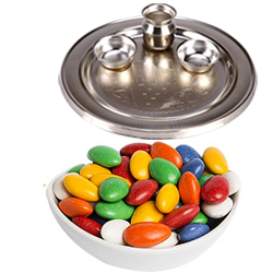 Fantastic Gift of Sugar Coated Almonds with Decorative Silver Thali for Diwali Celebration Fantastic Gift of Sugar Coated Almonds with Decorative Silver Thali for Diwali Celebration