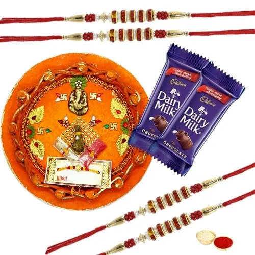 Rakhi Thali with 4 Rakhi and Dairy Milk