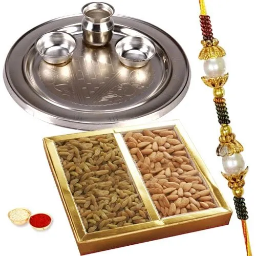 Silver Plated Rakhi Thali with One or More Rakhi Options with Dry Fruits Silver Plated Rakhi Thali with One or More Rakhi Options with Dry Fruits