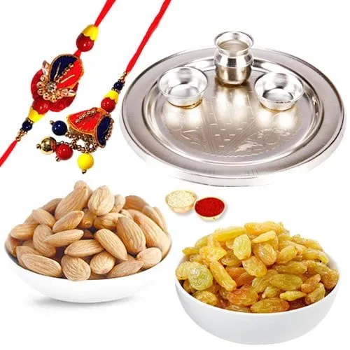 Silver Plated Rakhi Thali with 1 set Bhaiya n Bhabhi Rakhi and 200 Gms. Almonds and Raisins Silver Plated Rakhi Thali with 1 set Bhaiya n Bhabhi Rakhi and 200 Gms. Almonds and Raisins