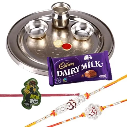 Silver Plated Rakhi Thali with 2 Om Rakhi, 1 Kids Rakhi and 1 Dairy Milk 95 gr Silver Plated Rakhi Thali with 2 Om Rakhi, 1 Kids Rakhi and 1 Dairy Milk 95 gr