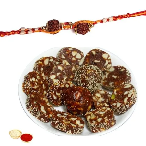 Sumptuous Combo of Khajur Roll (500g) with One Pious Rakhi