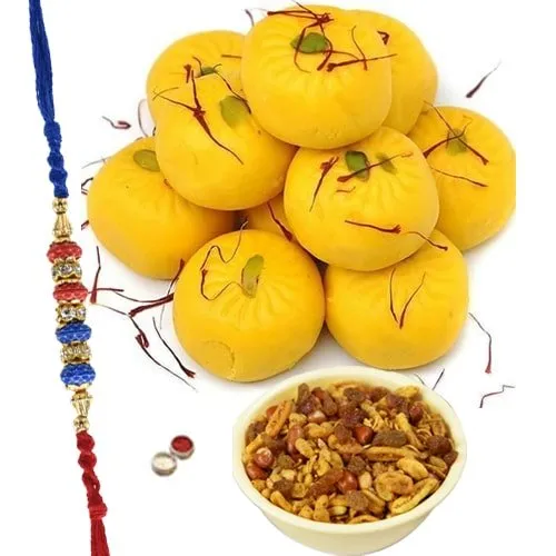 Kesar Peda With Mix Namkeen And Elegant Rakhi Kesar Peda With Mix Namkeen And Elegant Rakhi