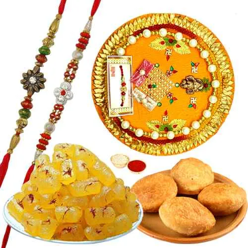 Exclusive Gift of Kesaria Angori Petha, 4 Kachori, 2 Rakhi N 1 Rakhi Thali Exclusive Gift of Kesaria Angori Petha, 4 Kachori, 2 Rakhi N 1 Rakhi Thali