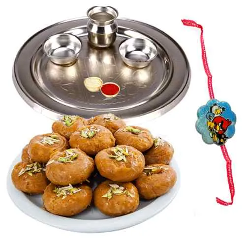 Exclusive Combo of 1 Rakhi Thali N 1 Kids Rakhi with Pack of Balushahi Exclusive Combo of 1 Rakhi Thali N 1 Kids Rakhi with Pack of Balushahi