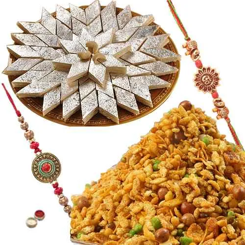 Delectable Gift of Kaju Katli, Masala Peanuts with 2 Rakhis Delectable Gift of Kaju Katli, Masala Peanuts with 2 Rakhis