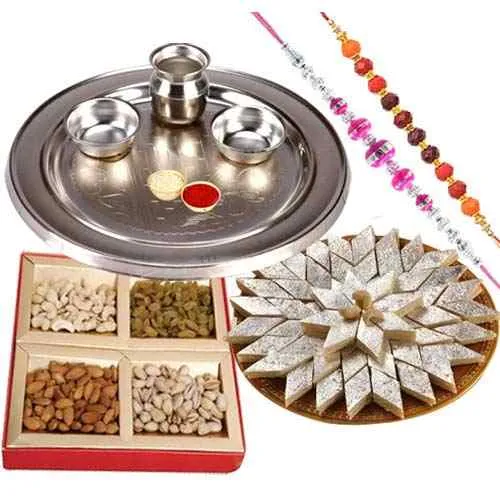 Assorted Dry Fruits , Fantastic Silver plated Thali, Kaju Katli along  with 2 Free Rakhi, Roli Tika and Chawal