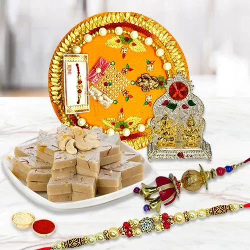 Bhaiya Bhabhi Rakhi Set with Kaju Katli, Pooja Thali n Ganesh Laxmi Mandap