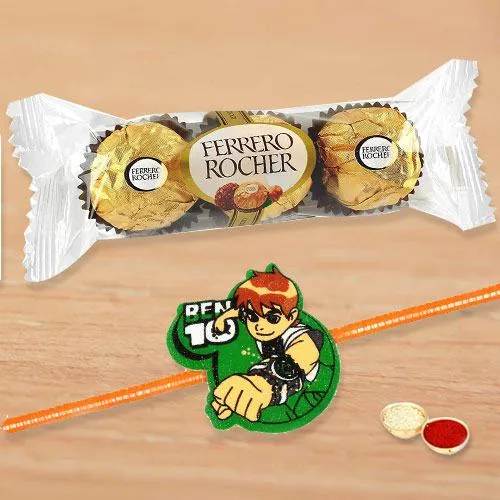 Marvelous Ben 10 Kids Rakhi with Ferrero Rocher Marvelous Ben 10 Kids Rakhi with Ferrero Rocher