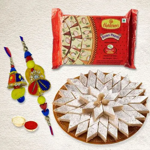 Bhaiya Bhabhi Rakhi with Kaju Katli N Haldirams Soan Papdi Bhaiya Bhabhi Rakhi with Kaju Katli N Haldirams Soan Papdi