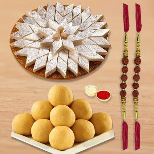 Rudraksha Rakhi with Kaju Katli N Boondi Ladoo Rudraksha Rakhi with Kaju Katli N Boondi Ladoo
