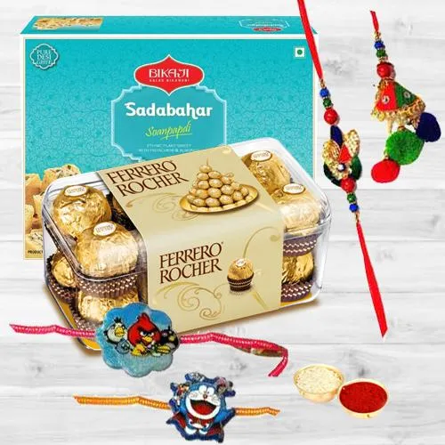 Ferrero Rocher with Delicious Soan Papdi n Family Rakhi Set Ferrero Rocher with Delicious Soan Papdi n Family Rakhi Set
