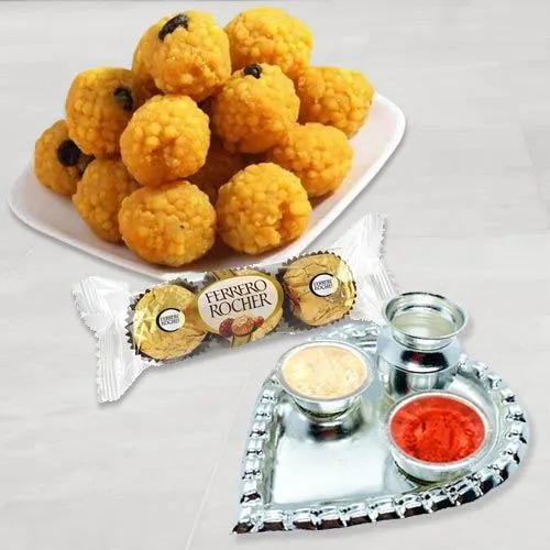 Ferrero Rocher with Silver Plated Pooja Thali with Boondi Ladoo Ferrero Rocher with Silver Plated Pooja Thali with Boondi Ladoo