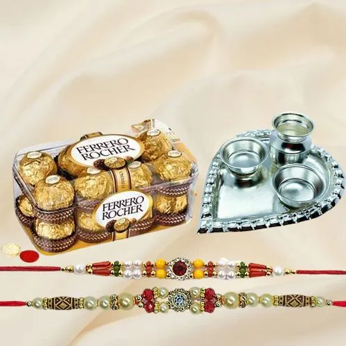 Ferrero Rocher with Silver Plated Pooja Thali with Twin Rakhi Ferrero Rocher with Silver Plated Pooja Thali with Twin Rakhi