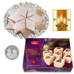 Kaju Katli, Soan Papdi and Silver Plated Coin Kaju Katli, Soan Papdi and Silver Plated Coin
