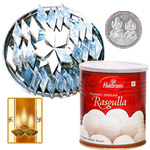 Kaju Katli, Rosgulla and Silver Plated Coin Kaju Katli, Rosgulla and Silver Plated Coin