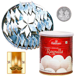Kaju Katli, Rosgulla and Silver Plated Coin Kaju Katli, Rosgulla and Silver Plated Coin