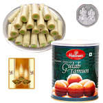Kaju Pista Roll, Gulab Jamun with Silver Plated Coin Kaju Pista Roll, Gulab Jamun with Silver Plated Coin