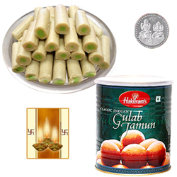 Kaju Pista Roll, Gulab Jamun with Silver Plated Coin Kaju Pista Roll, Gulab Jamun with Silver Plated Coin