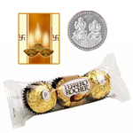 3 Pcs. Ferrero Rocher Chocolates with free Siver Plated Coin and Diwali Card. 3 Pcs. Ferrero Rocher Chocolates with free Siver Plated Coin and Diwali Card.