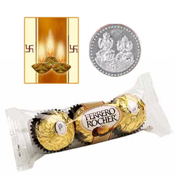 3 Pcs. Ferrero Rocher Chocolates with free Siver Plated Coin and Diwali Card. 3 Pcs. Ferrero Rocher Chocolates with free Siver Plated Coin and Diwali Card.
