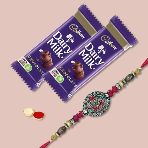 Fancy Rakhi with 2 Chocolates, Roli Tika Chawal n Card Fancy Rakhi with 2 Chocolates, Roli Tika Chawal n Card