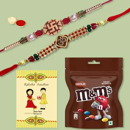 Designer Rakhi Set of 2 with M N M Chocolate, Roli Tika n Card Designer Rakhi Set of 2 with M N M Chocolate, Roli Tika n Card