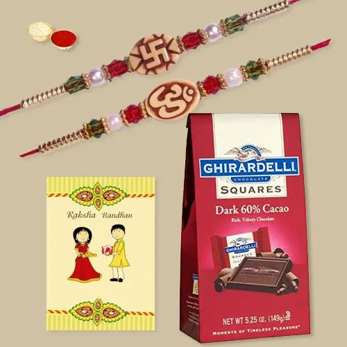 Ethnic Rakhi Set of 2 with Ghiradelli Chocolates n Rakhi Card Ethnic Rakhi Set of 2 with Ghiradelli Chocolates n Rakhi Card