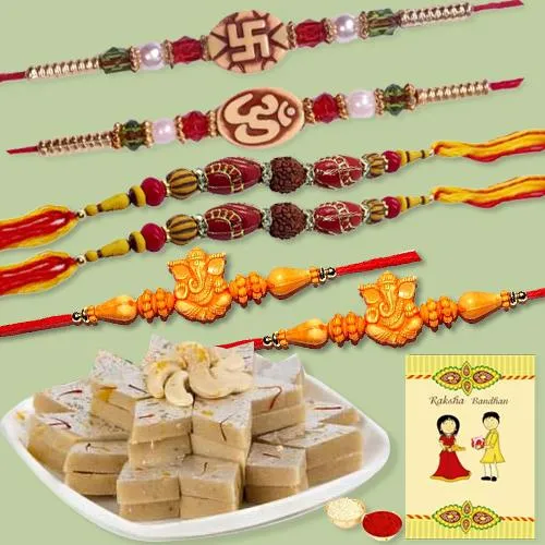Designer Set of Six Rakhis with Kaju Katli Designer Set of Six Rakhis with Kaju Katli