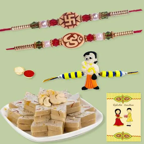 Ethnic Set of 2 Bhai Rakhi n Kids Rakhi with Kaju Katli Ethnic Set of 2 Bhai Rakhi n Kids Rakhi with Kaju Katli