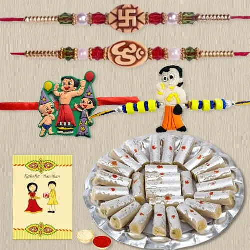 Designer Set of 2 Bhai N Kids Rakhi with Kaju Pista Roll Designer Set of 2 Bhai N Kids Rakhi with Kaju Pista Roll