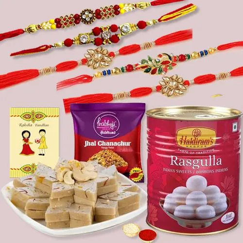 Enticing Hum Paanch Rakhi Set with Sweets n Snacks from Haldiram Enticing Hum Paanch Rakhi Set with Sweets n Snacks from Haldiram