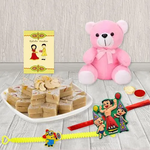 Amazing Twin Kids Rakhi with Teddy n Kaju Katli Amazing Twin Kids Rakhi with Teddy n Kaju Katli