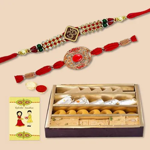 Fancy Rakhi Set of 2 with Assorted Sweets n Card