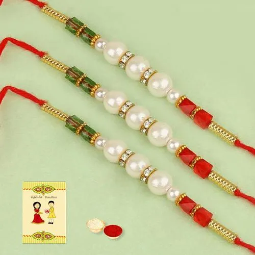 Exquisite Set of 3 Pearl Rakhis with Roli, Chawal n Card