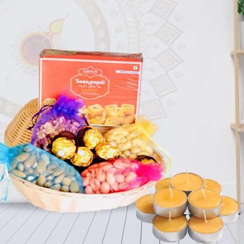 Dazzling Gift of Dry Fruit Basket with Sweets, Chocolates N Candle