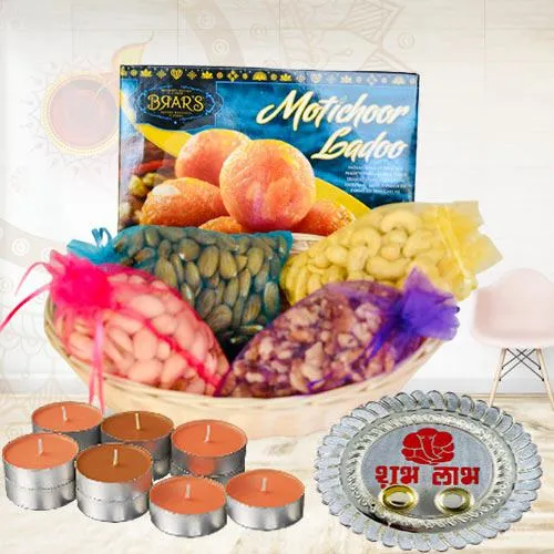 Exquisite Gift Pack of Dry-fruits with Sweets, Pooja Thali N Candles