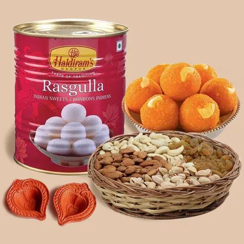 Zesty Dry Fruits Potli n Assorted Sweets with Diya Pair